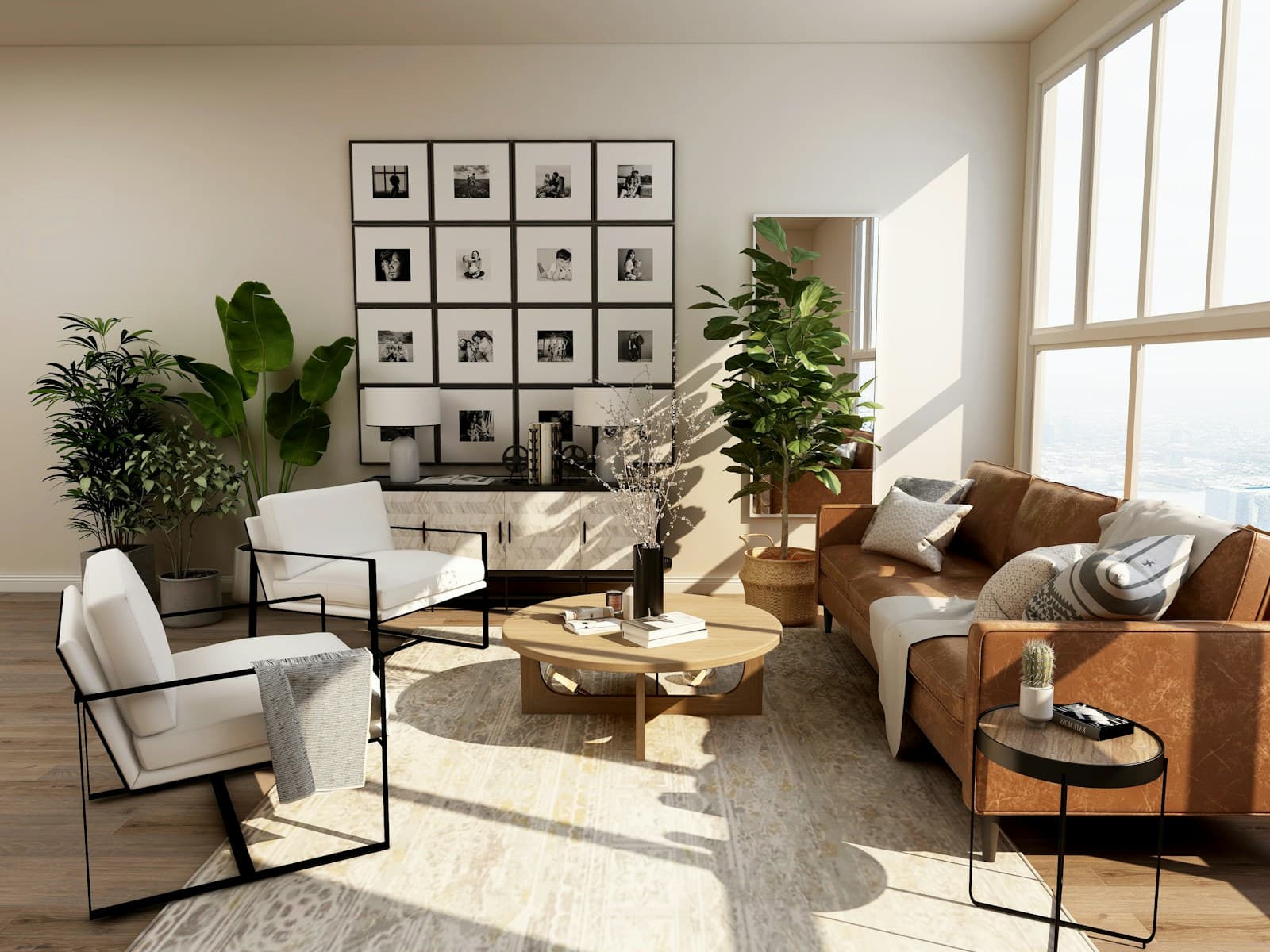 Sunlit living room with a brown leather sofa, white chairs, framed photographs, and leafy plants